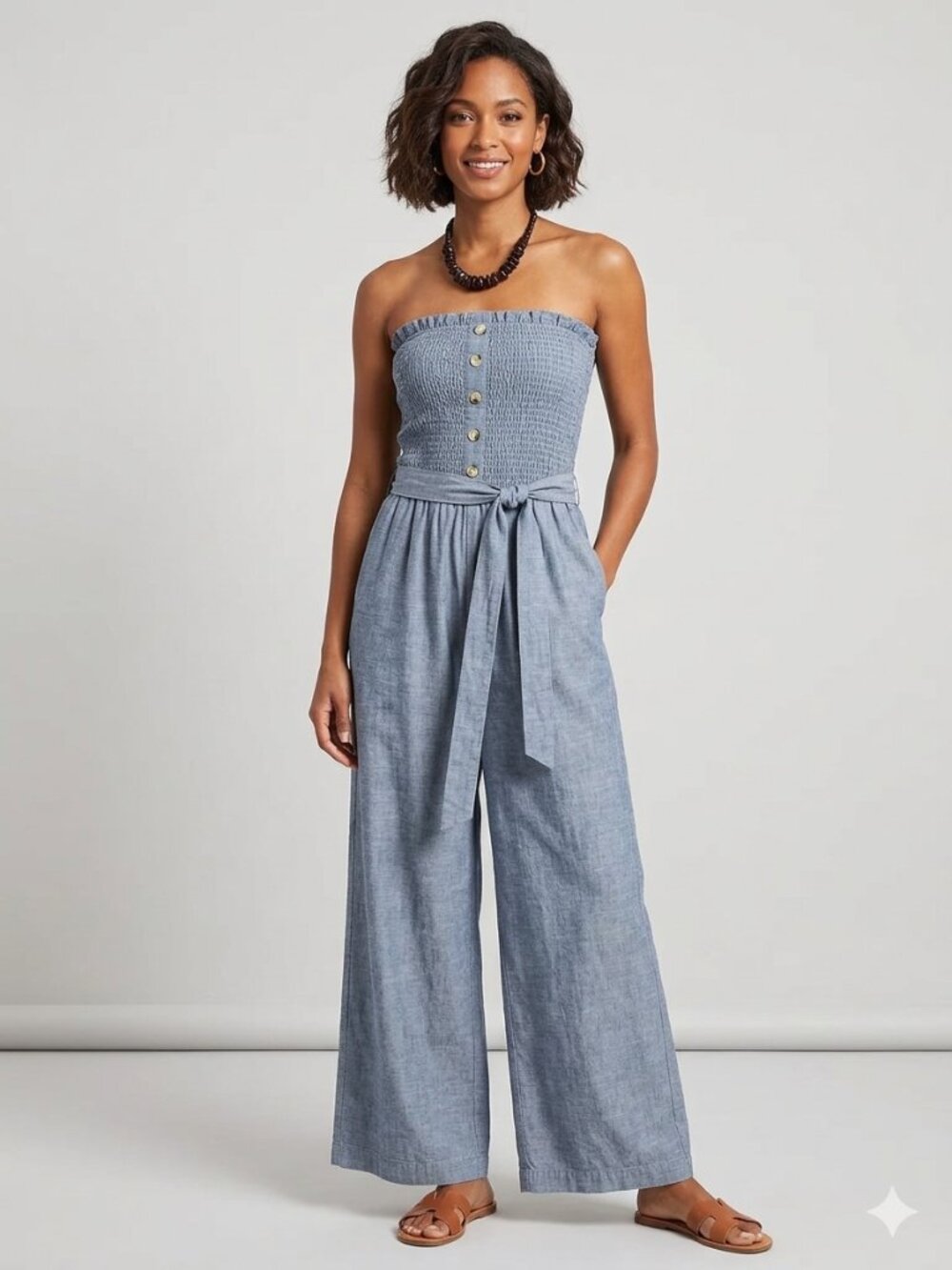 Boho Strapless Wide Leg Denim Blue Chambray Jumper Plus Size 2X